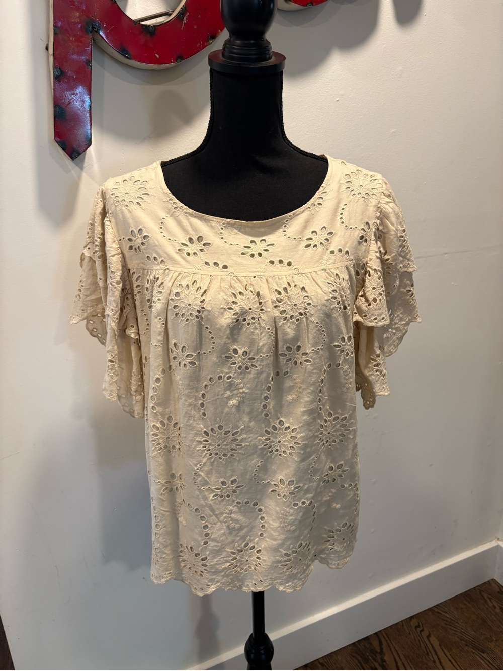7 For All Mankind Cream Eyelet Lace Flutter Sleeve Top